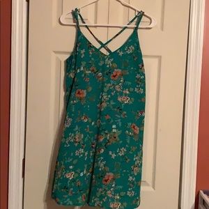 Green floral print dress.
